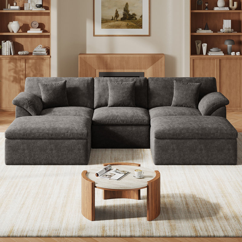 Canapé modulaire de 110,2 po avec repose-pieds en forme de U avec repose-pieds, sans assemblage requis, Gris foncé