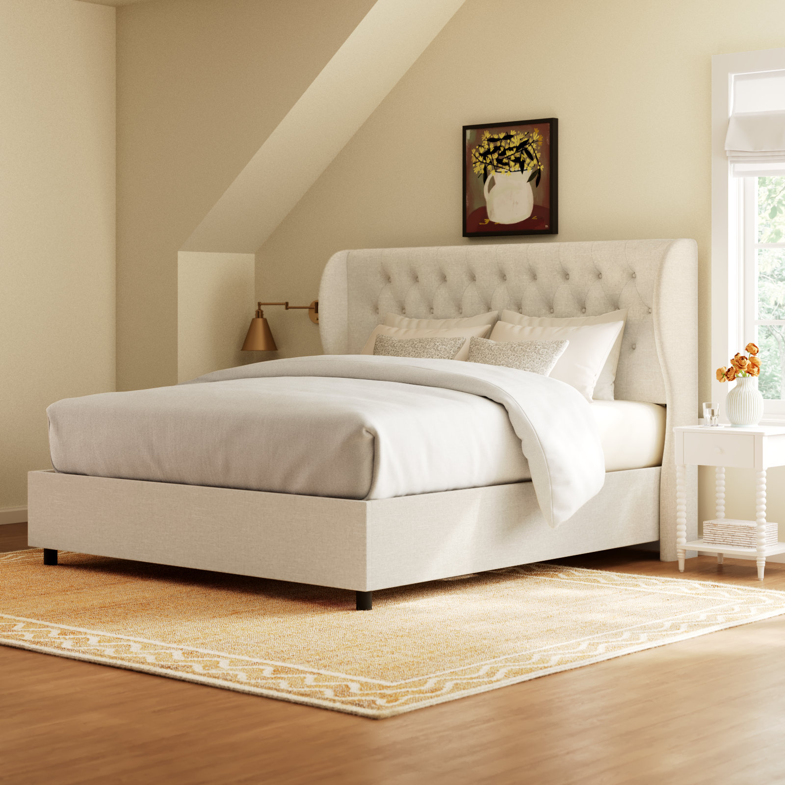 Tomey Tufted Upholstered Low Profile Standard Bed, King, Classic Talc Linen