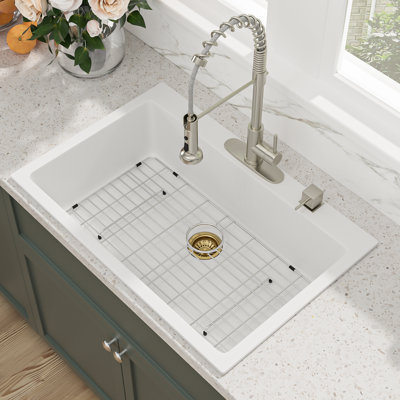 Évier de cuisine en granite 33 po x l 22 po à cuve simple en quartz composite avec grille d'évier