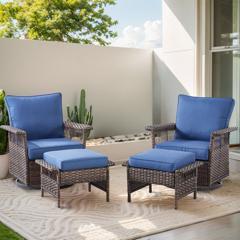 Joachin Swivel Wicker Outdoor Lounge Chair with Ottoman, Blue