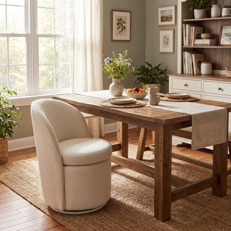 Upholstered Swivel Dining Chair, Boucle Fabric Barrel Kitchen Chair, Wingback Side Chair, Vanity Chair, White
