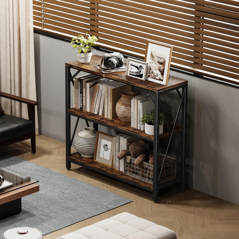 31.49" 3-Tier Industrial Console Table with Double-X Metal Frame, Entryway Sofa Storage Table for Living Room Office
