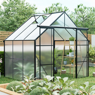 8X6FT-Black Double Door Polycarbonate Greenhouse Raised Base And Anchor Aluminum Heavy Duty Walk-In Greenhouses For Outdoor Backyard In All Season