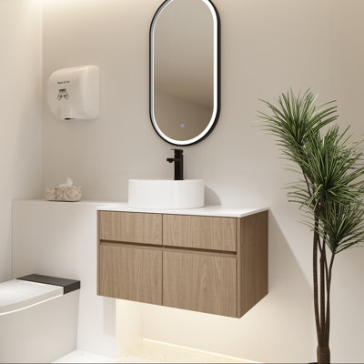 Meuble-lavabo mural 32 po avec tiroir à fermeture en douceur et lavabo en céramique