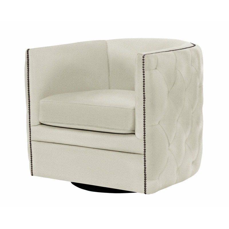Palazzo 31.5'' Wide Tufted Swivel Barrel Chair, White 5555-000, Antique Nickel