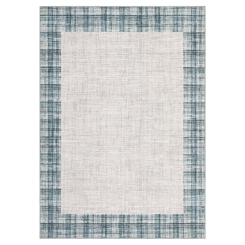 Modern Bordered Plaid Rugs Soft Thin Washable Hallway with Non-Slip TPR Rubber Backing, Foldable Low Pile Non Shedding Rugs
