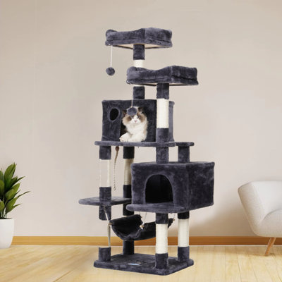 Meuble pour chat à plusieurs niveaux avec poteaux à griffes recouverts de sisal, 2 condos en peluche, hamac perchoir pour chatons, chats et animaux domestiques, 0220D6A09BFF4BAD920FB15D3C931F68