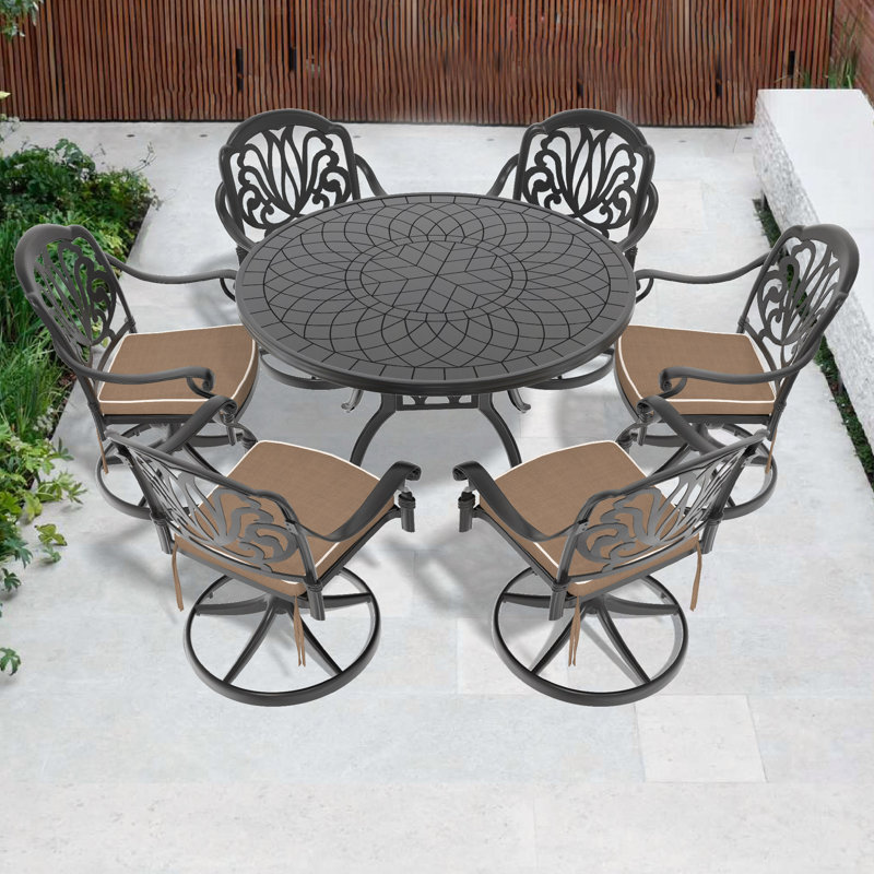 Ensemble de salle à manger 7 pièces en aluminium coulé toutes saisons comprenant 6 chaises pivotantes et une table ronde de 47,24 po avec cadre