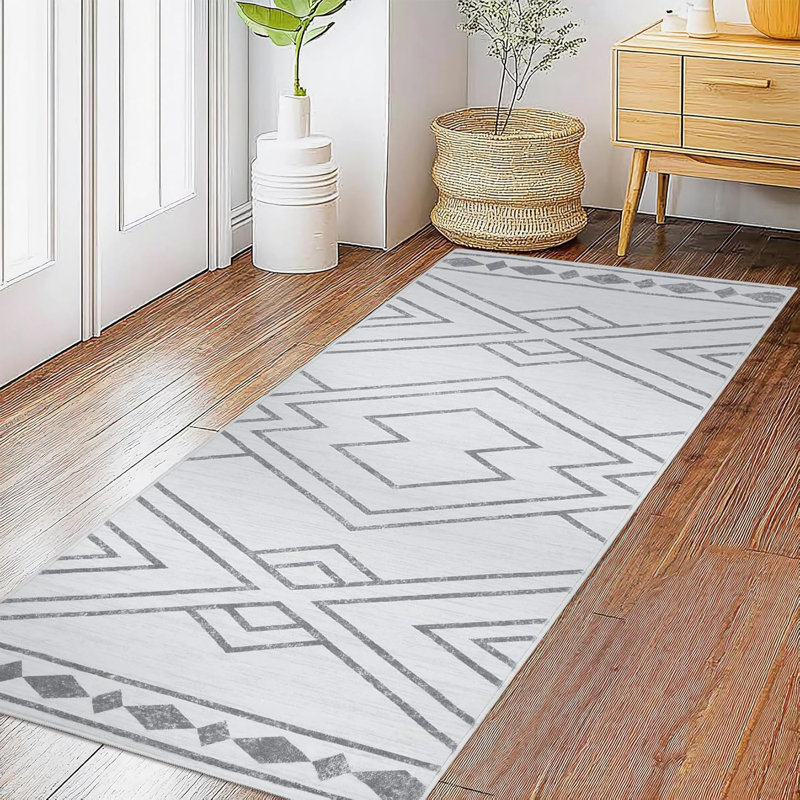 2x6 Geometric Rug – Thin, Low Pile, Non-Slip, Washable, Stain-Resistant, Reinforced Edges for Living Room, Bedroom, Kitchen, Blue