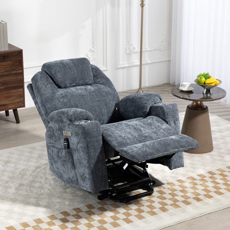 Aura 35" W Power Lift Recliner, Heated Massage, Stainless Steel Cup Holder, Thick Headrest, Blue