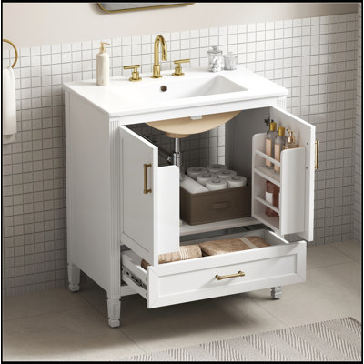 Meuble-lavabo cannelé élégant 30 po avec lavabo en céramique, portes à fermeture douce, tiroir et pieds en bois massif, blanc