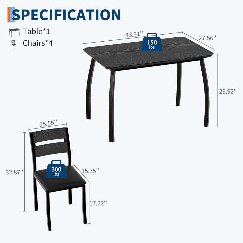 5-Piece Dining Set, Dining Table Set for 4, Table & Chair Set for Home, Apartment w/ 4 Chairs, Padded Seats & Backrests, Metal Frame, Space-Saving Design, Smooth Easy-to-Clean Surface