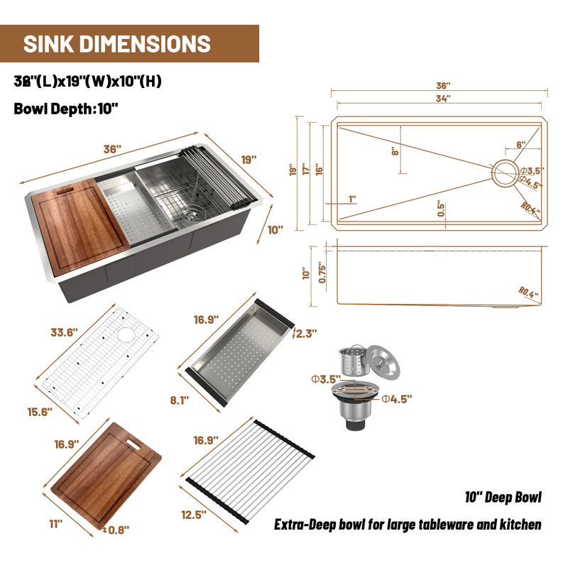 Single Bowl Stainless Steel Kitchen Sink, 10" H x 36" L x 19" W