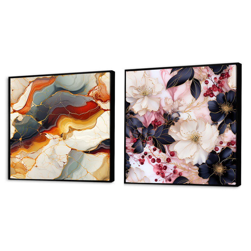 Haine - Ensemble de 2 collages abstraits carrés, Cadre flottant noir, H 30 po x l 61 po