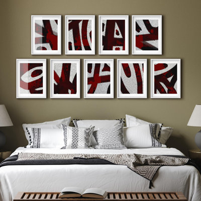 Art mural encadré, ensemble de galerie d'art, bandes torsadées noires et rouges, formes abstraites, illustrations, alternative moderne, noir et blanc, pour chambre à coucher, salon, bureau - 8 po x 10 po x 9 blanc