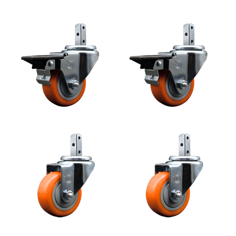 Ensemble de roulettes à tige carrée 3 pouces en polyuréthane pivotant 3 pouces 2 freins, Orange