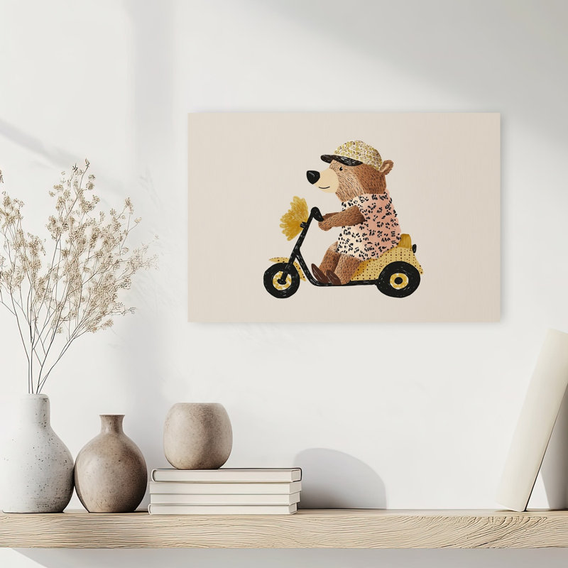 Playful Bear On Scooter Contemporary Wall Art Print by Mathieu - Wrapped Canvas Print, 30.48cm H x 45.72cm W
