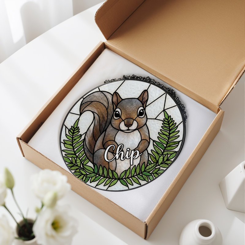 7.8"H Squirrel Fern Stained Glass Window Panel, 7.8" H x 7.8" W