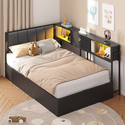 Twin Size Corner Bed With Hydraulic Storage,Twin Daybed With Bookcase And Charging Station,Lift Up Storage Bed Frame With Upholstered Headboard And Led Lights,Metal Platform Storage Bed,Black