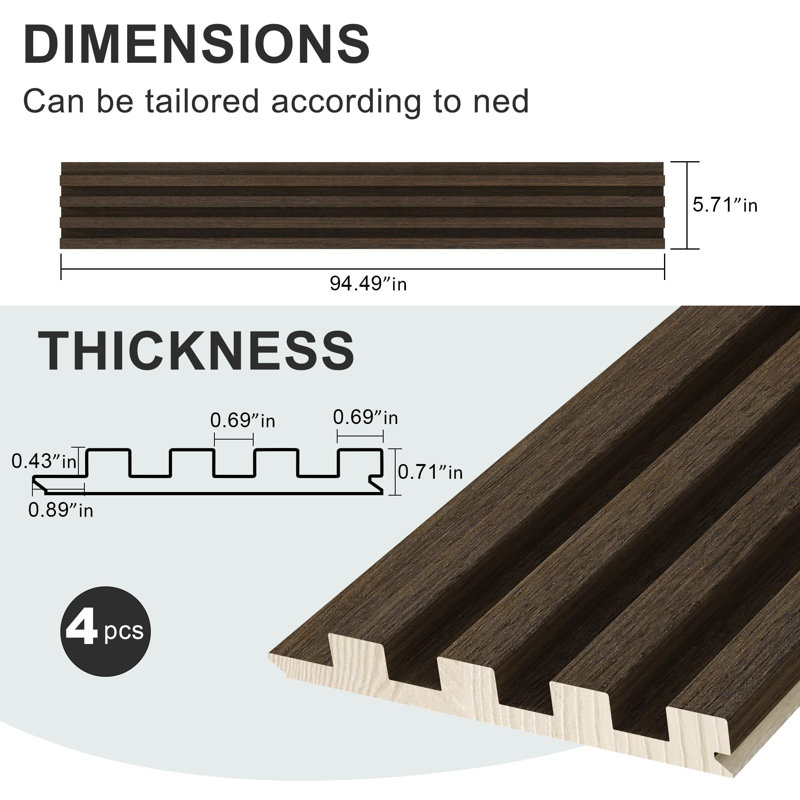 Paquet de 4, 94,5 po X 5,7 po Panneaux muraux en bois massif pour la décoration murale intérieure, lambris acoustique en bois, noir