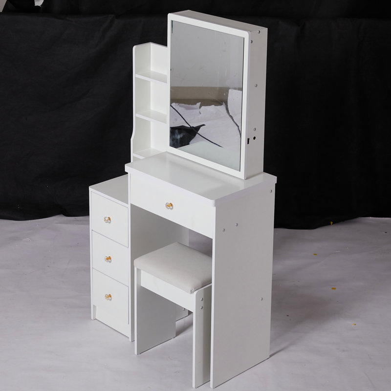 29.2" Small Space Left Bedside Cabinet Vanity Table + Cushioned Stool, Extra Large Right Sliding Mirror, Multi Layer High Capacity Storage, Practical Fashionable Dresser