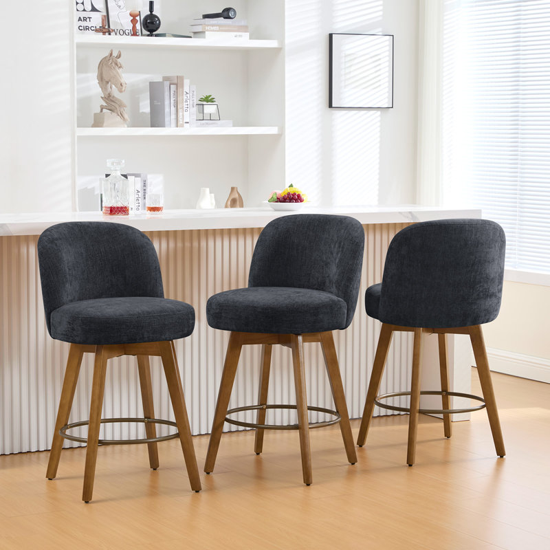 26" 3PCS Swivel Upholstered Counter Stool With Solid Wood Frame And Mid Back, 3, Bluish Gray/Chenille