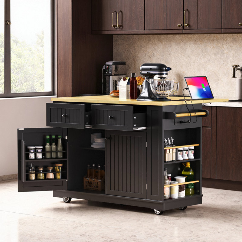Grand îlot de cuisine de 48 po avec prise de courant, rallonge, tablettes et roulettes, blanc, Noir