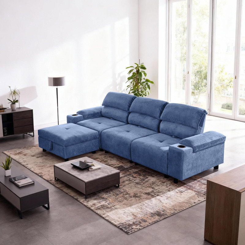 105" Modern Modular Cloud Sectional Sofa with Storage Ottoman and Adjustable Backrest, Blue