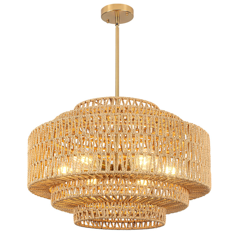 Clava 6 - Light Dimmable Hand-woven Rattan Bohemian Drum Chandelier for Living Room Kitchen Entryway Hallway Foyer