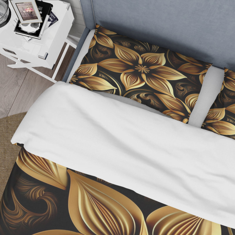 Ensemble de housse de couette Golden Lily On Black II Bed, Housse de couette simple + 1 taie décorative stan