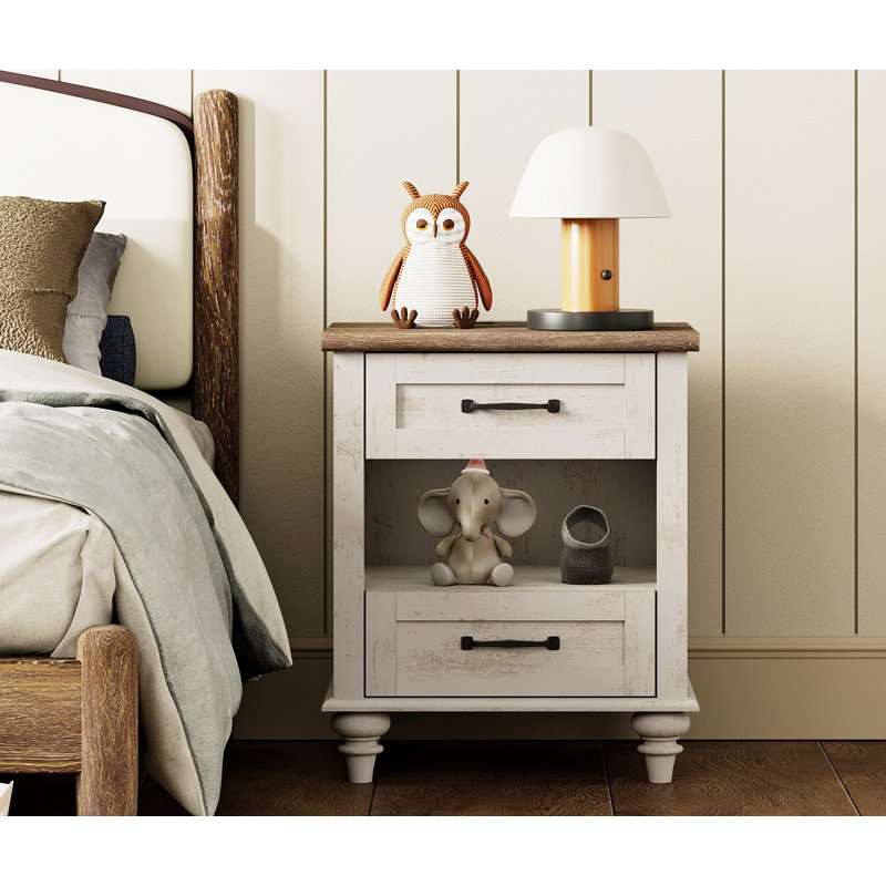 Table de chevet blanche antique pour enfants avec station de charge pour chambre d'enfant, Blanc antique / brun