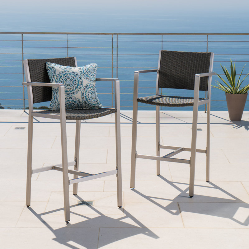Tabourets de bar d'extérieur en aluminium antirouille 29,50 po avec siège et dossier en rotin PE, ensemble de 2, argent et gris
