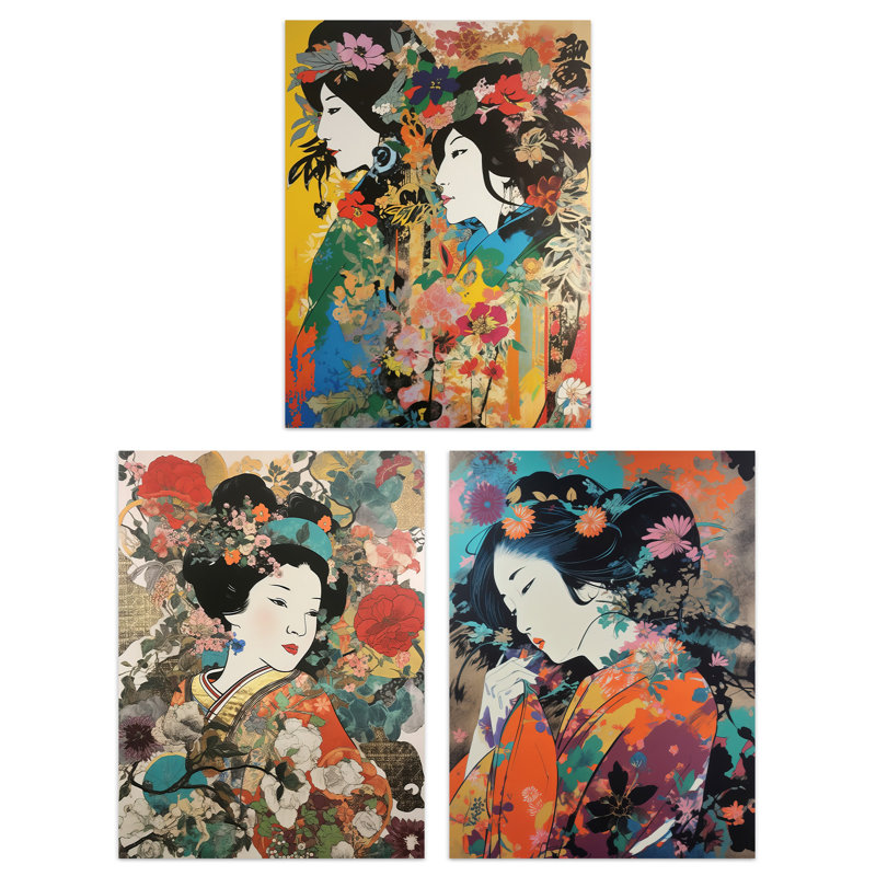 Elegant Japanese Geishas Floral Portraits Women Flower - 3 Piece No Frame Print Set, 29.7cm H x 21cm W x 0.4cm D