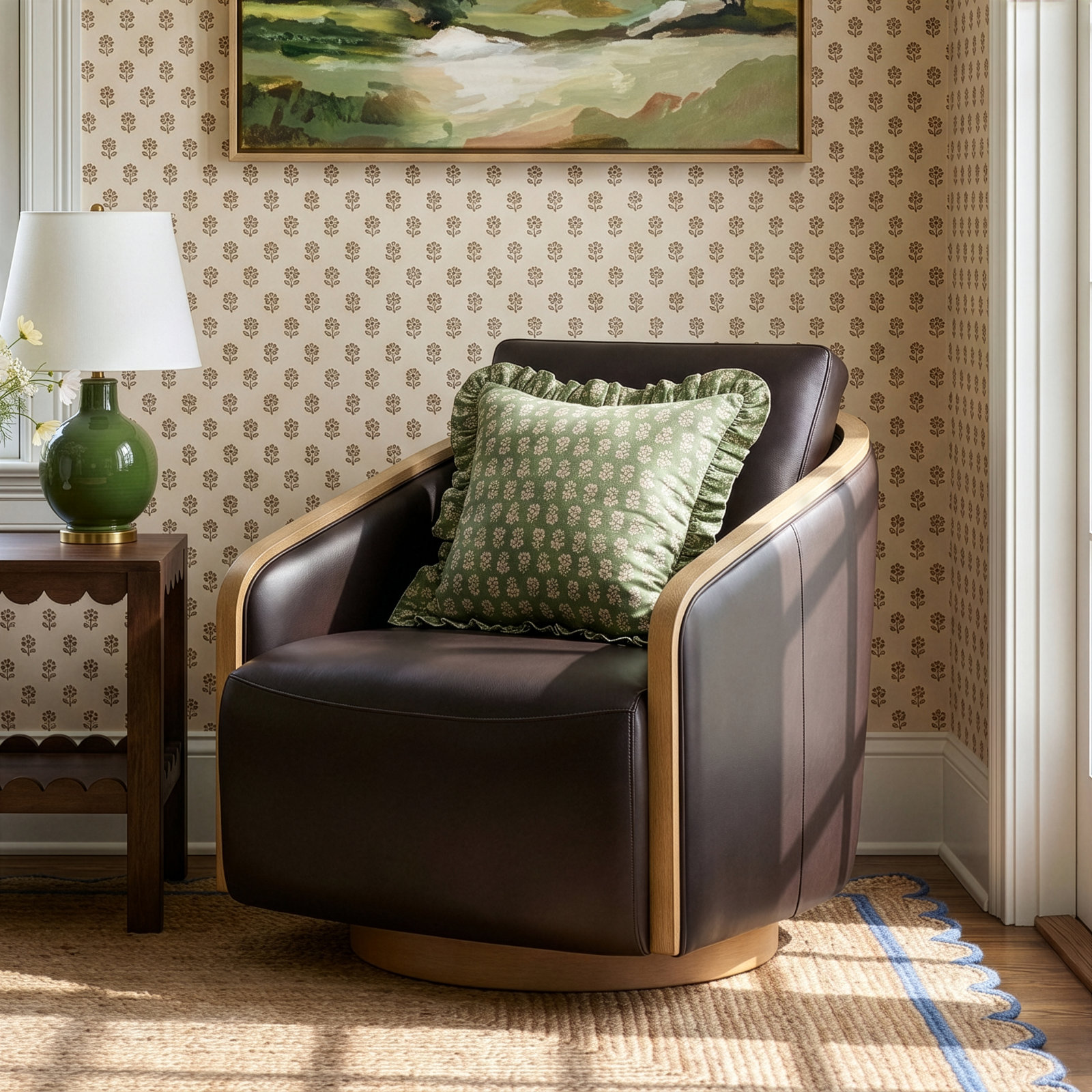 Nieve Genuine Leather Swivel Barrel Chair, Parham Black