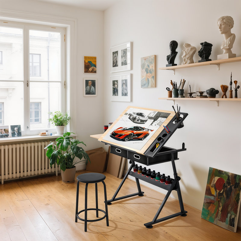 Poste de travail et table à dessin avec tabouret, table à dessin avec plateau coulissant et tiroirs