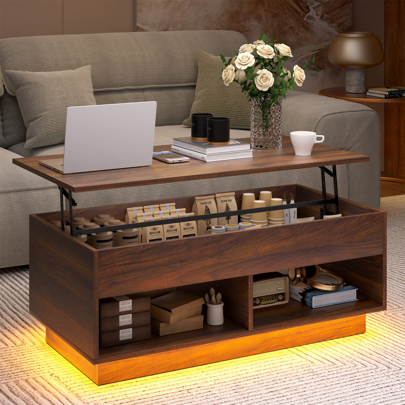 Chappa Lift Top Coffee Table with RGB LED Light Strip, Hidden Compartment & Open Shelf, Walnut
