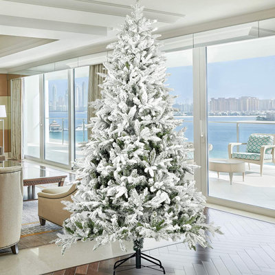 Snow Flocked Christmas Tree 7Ft Artificial Hinged Pine Tree With Realistic Tips Unlit