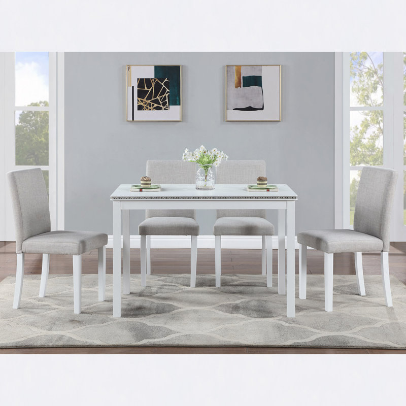 Ensemble de table de salle à manger en bois 5 pièces, ensemble de table de cuisine avec table rectangulaire et 4 chaises rembourrées, ensemble de table de salle à manger en bois avec décoration en cristal