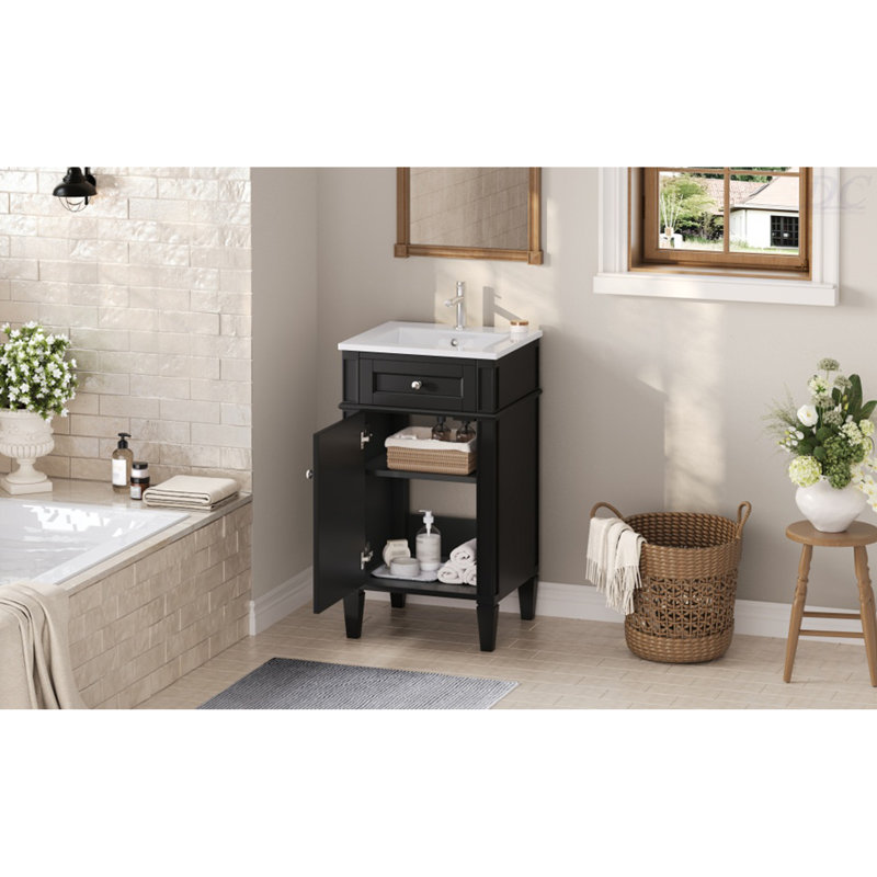 Ensemble de meuble-lavabo autoportant de 18 po avec lavabo en céramique, ensemble de meuble-lavabo simple autoportant avec porte à fermeture douce, tablette réglable, style français, pieds pleins