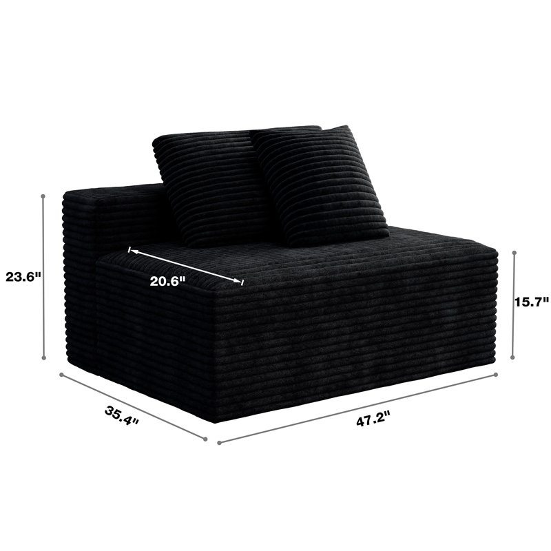 47" Middle Loveseat, Compression Sectional Sofa Compenont, Black Corduroy, Black Corduroy