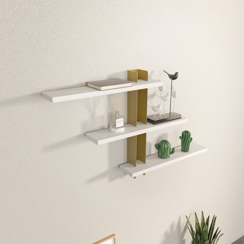 Mita 3 Piece Tiered Shelf with Adjustable Shelves, White/Gold