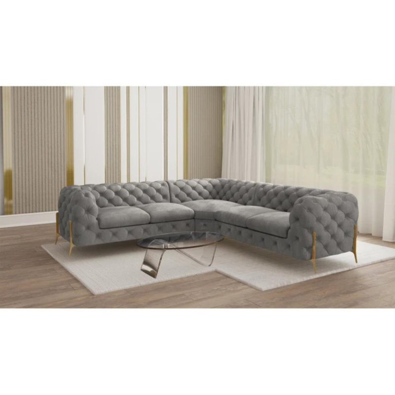 L-shape Corner Chesterfield Sofa  with Gold Metal Legs, Grey