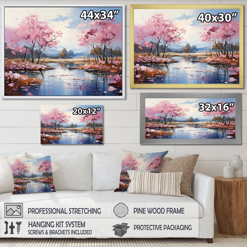 «Pink Trees Blooming In Country Charm I», reproduction sur toile, Cadre naturel flottant, H 24 po x l 32 po