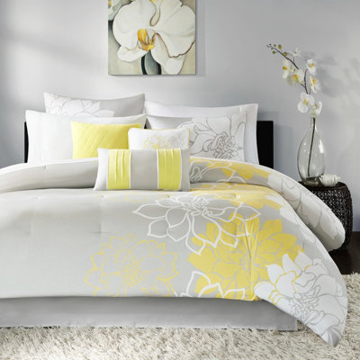 Literie pour très grand lit - Imprimé en coton, jupe de lit, 3 coussins décoratifs texturés de couleur 15 po avec motif floral et ornemental