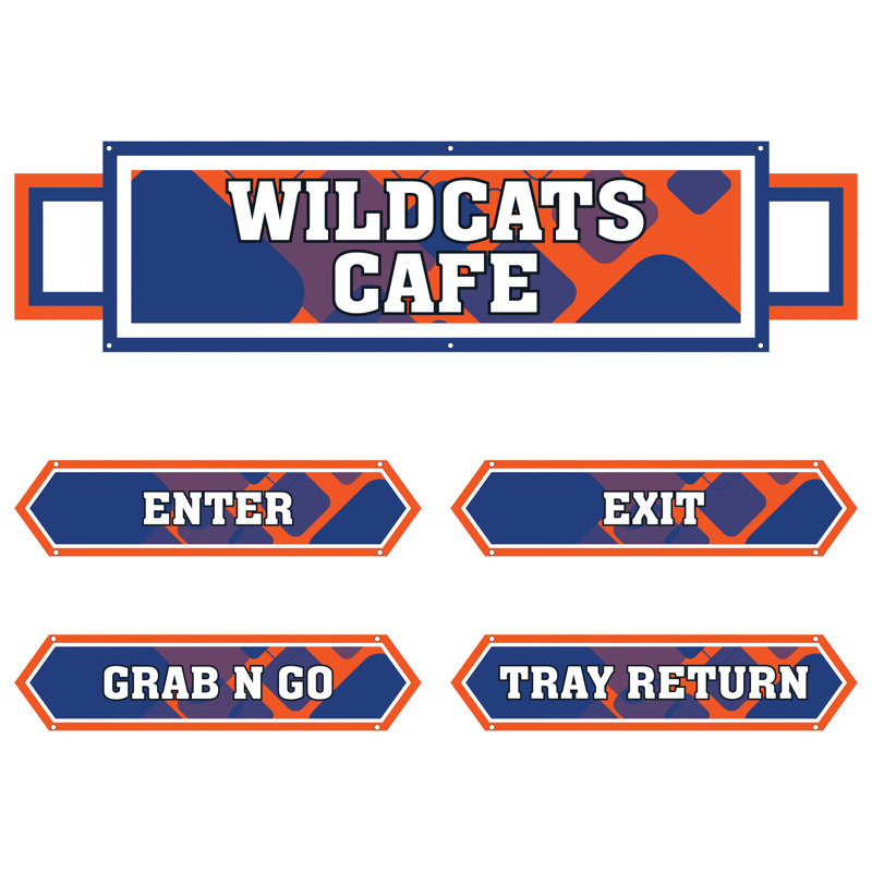 AmTab - Serving-Décor-S03-J-EC - Serving Area Signage (5 pieces) - Style 3 - Wildcats
Café Sign: 24"W x 72"L
Enter Sign:  8.5"W x 36"L
Exit Sign:  8.5"W x 36"L
Grab N Go Sign:  8.5"W x 36"L
Tray Return Sign:  8.5"W x 36"L