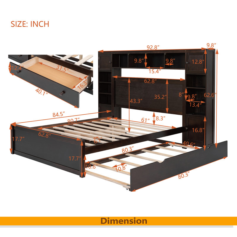 Lit en bois avec armoire tout-en-un, tablette et prises, lit gigogne, Grand lit, Espresso