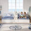 Ensemble de lit plateforme blanc pour deux lits jumeaux avec bureau de rangement amovible, lits jumeaux avec tablette centrale réglable en 3 positions, cadre de lit avec poste de travail intégré pour chambre d'enfants partagée-305682187