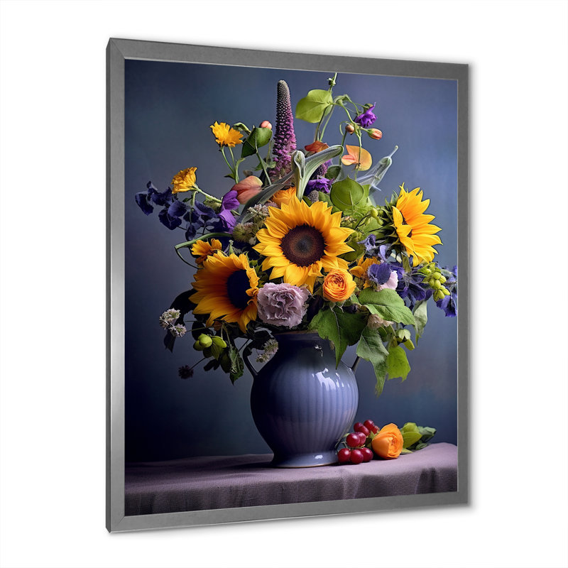 Nature morte avec des tournesols dans un vase I - impression, H 40 po x l 30 po x P 1,5 po, Cadre simple argenté