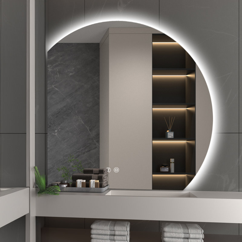 Wall Mounted Dimmable Semicircular LED Mirror Anti-Fog Backlit Lighted Bathroom Vanity Mirror, 32" x 32"