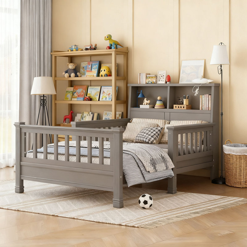 High-Quality Twin Size Platform Bed with Storage Headboard, Gray